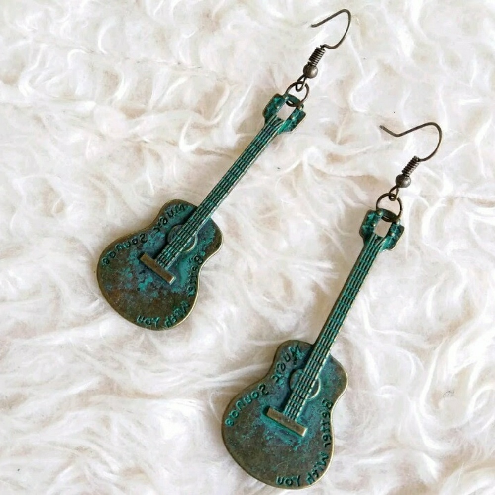 Earrings Guitar Double-Sided Grn Copper 3" Dangle